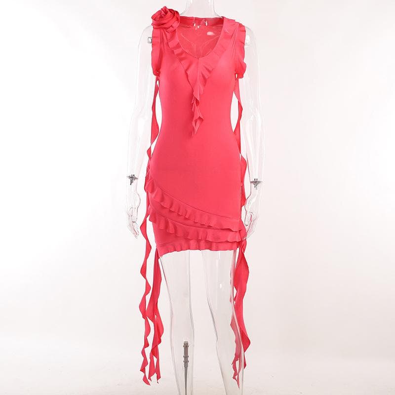 V Neck Floral Applique Ruffle Ribbon Asymmetric Hem Mini Dress 8