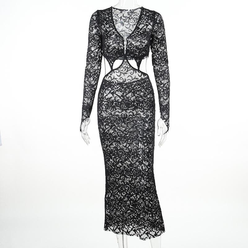 Deep V Neck Lace Long Sleeve Waist Cutout Floor Length Maxi Dress 9