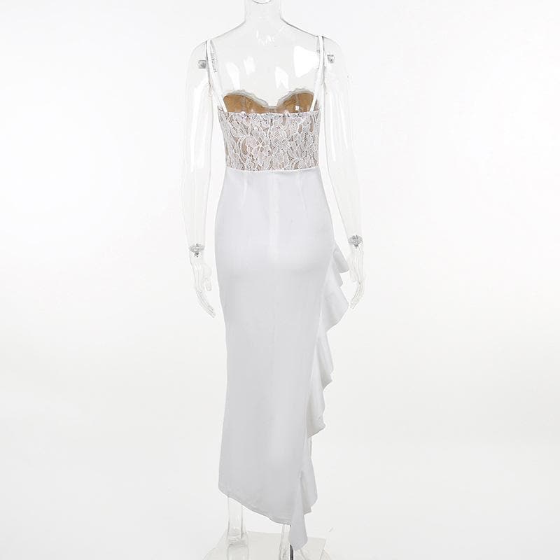 Lace Corset Sweetheart Neck Ruched Ruffle Slit Maxi Dress 3