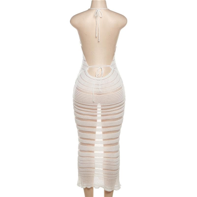 Halter Tie Neck Sheer Stripe Crochet Knit Bodycon Maxi Dress 3