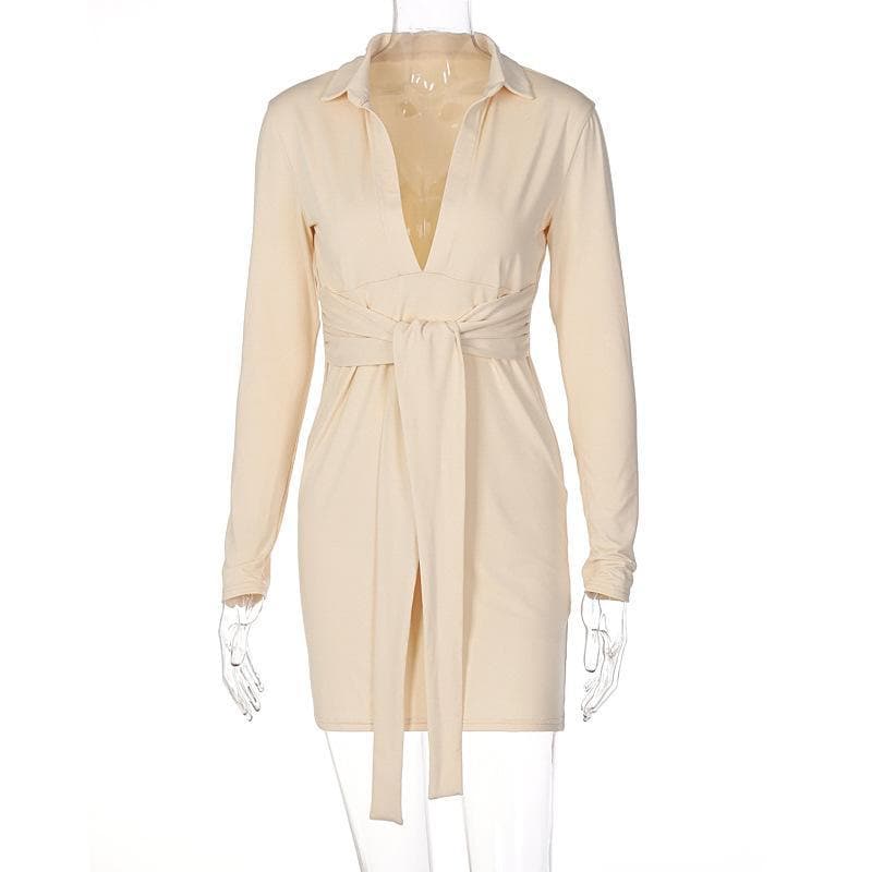 Deep V Neck Collar Tie Waist Long Sleeve Mini Dress 2