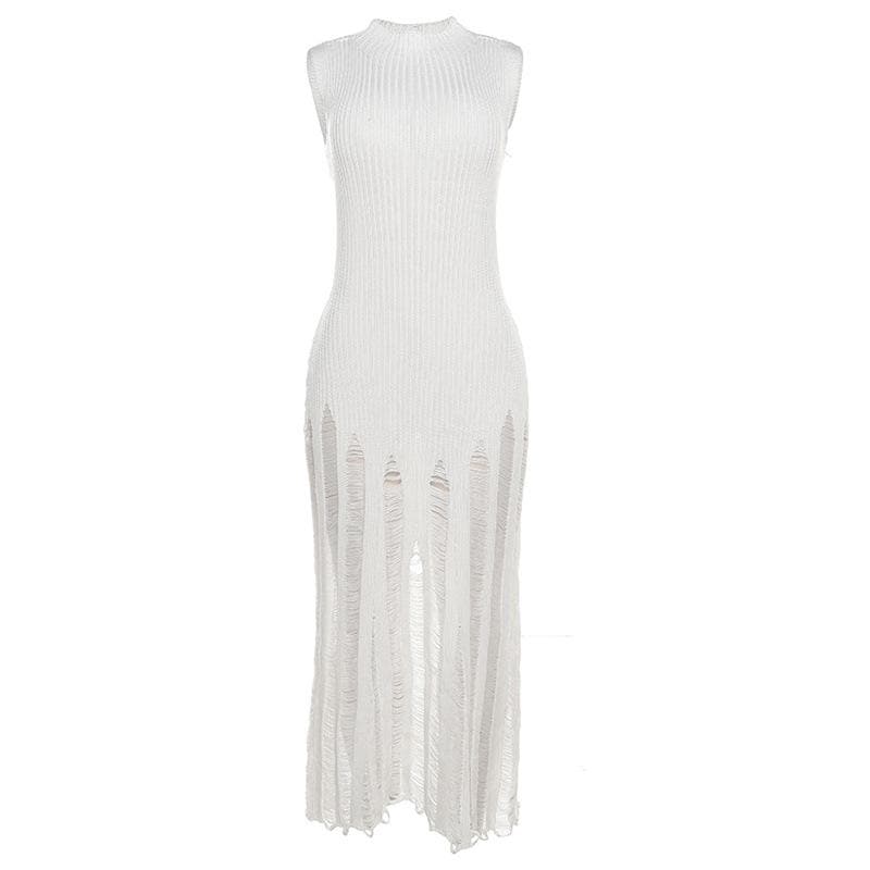 Sleeveless Mock Neck Ribbed Knit Distressed Ladder Hem Maxi Dress 2