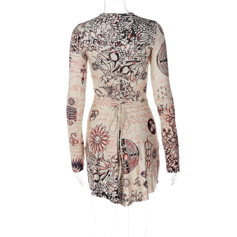 Crew Neck Bell Cuff Mystical Tapestry Print Bodycon Mini Dress 4