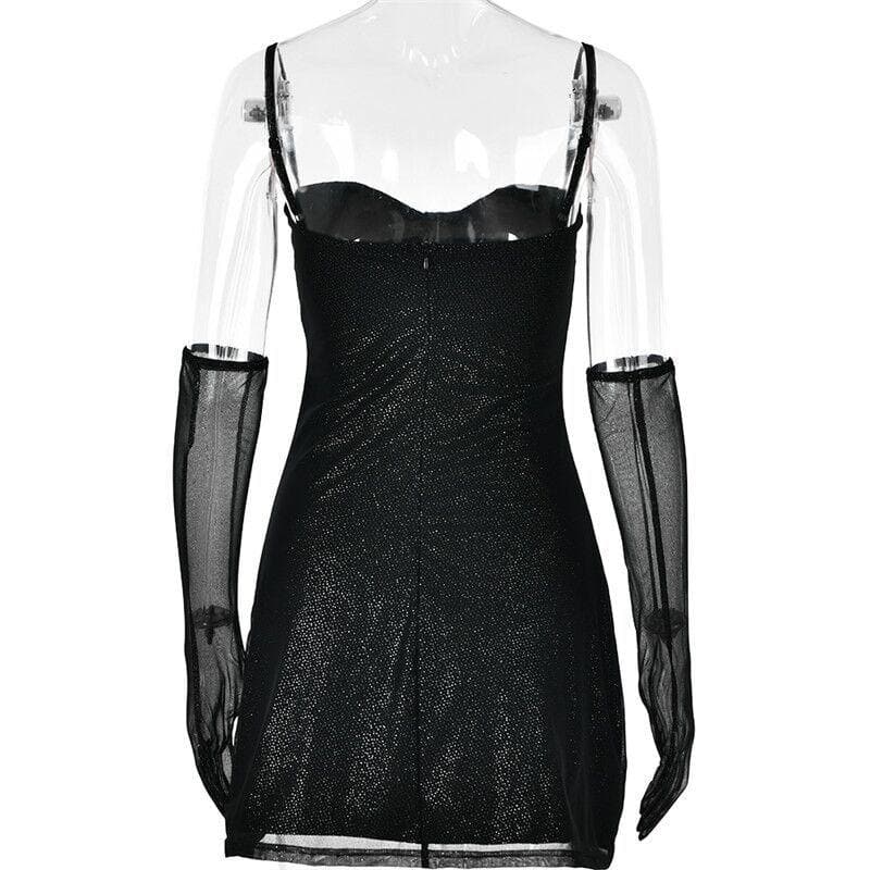 Sweetheart Neck Spaghetti Strap Glitter Side Slit Mesh Glove Mini Dress 5