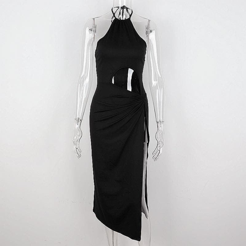 Halter Neck Circular Cutout Ruched Side Slit Maxi Dress 7