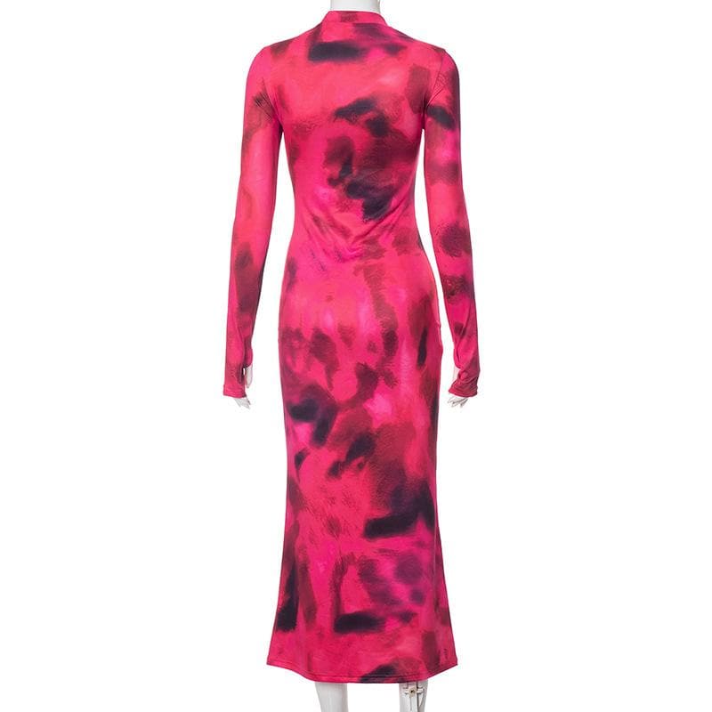 Tie Dye Print Mock Neck Thumbhole Long Sleeve Bodycon Maxi Dress 4