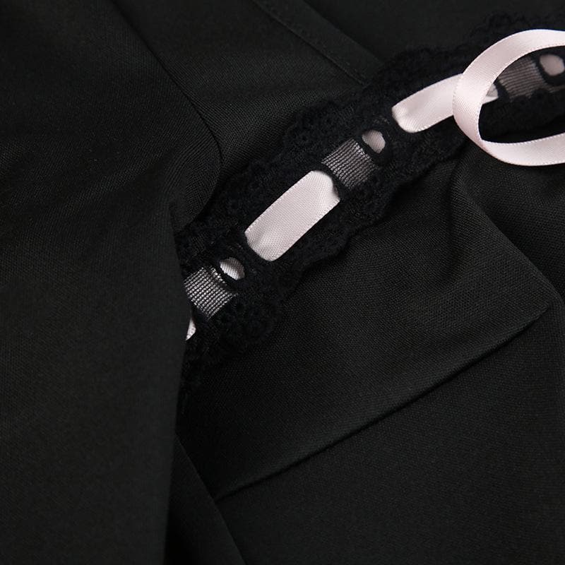 Square Neck Lace Trim Ribbon Bow Pleated Skirt Long Sleeve Mini Dress 6