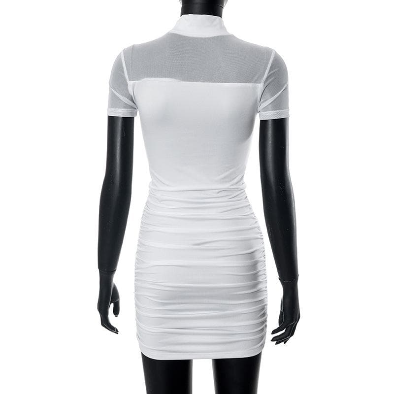 Mesh Mock Neck Short Sleeve Ruched Bodycon Mini Dress 9