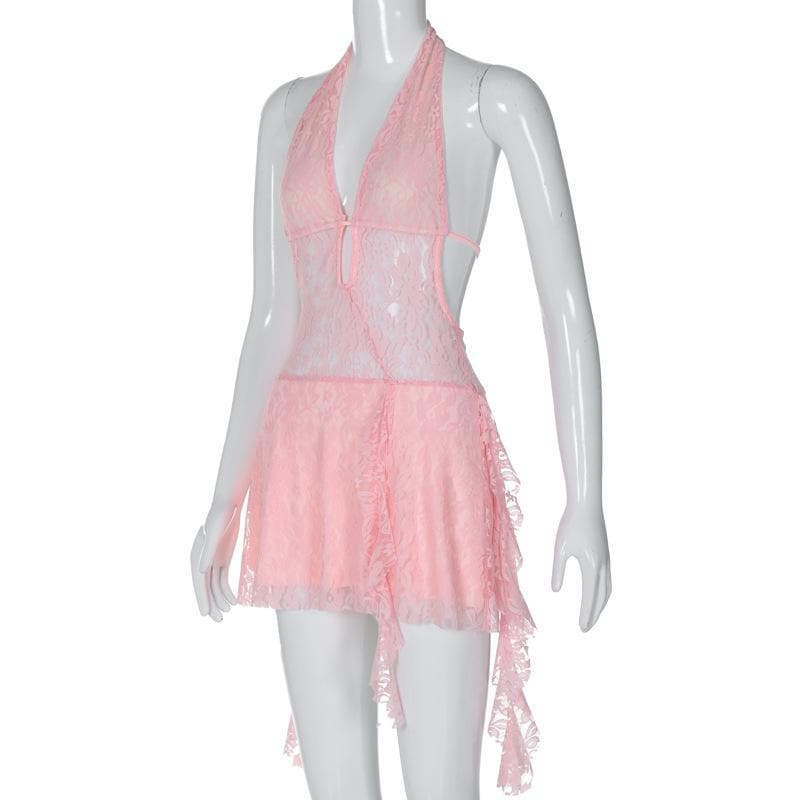 Deep V Halter Lace Up Sheer Ruffle Hem Mini Dress 5
