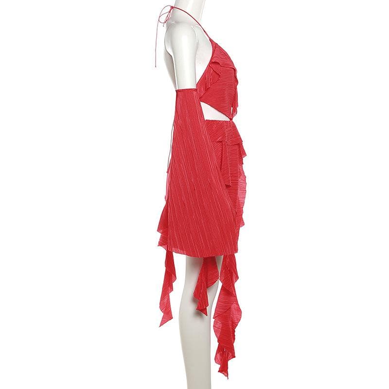 Halter V-Neck Pleated Cutout Bell Sleeve Ruffle Romper 3