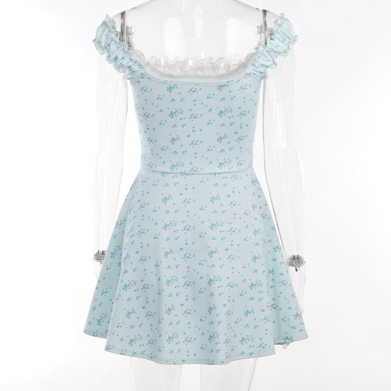 Square Neck Lace Trim Ribbon Bow Ruffle Strap Ditsy Floral Mini Dress 4