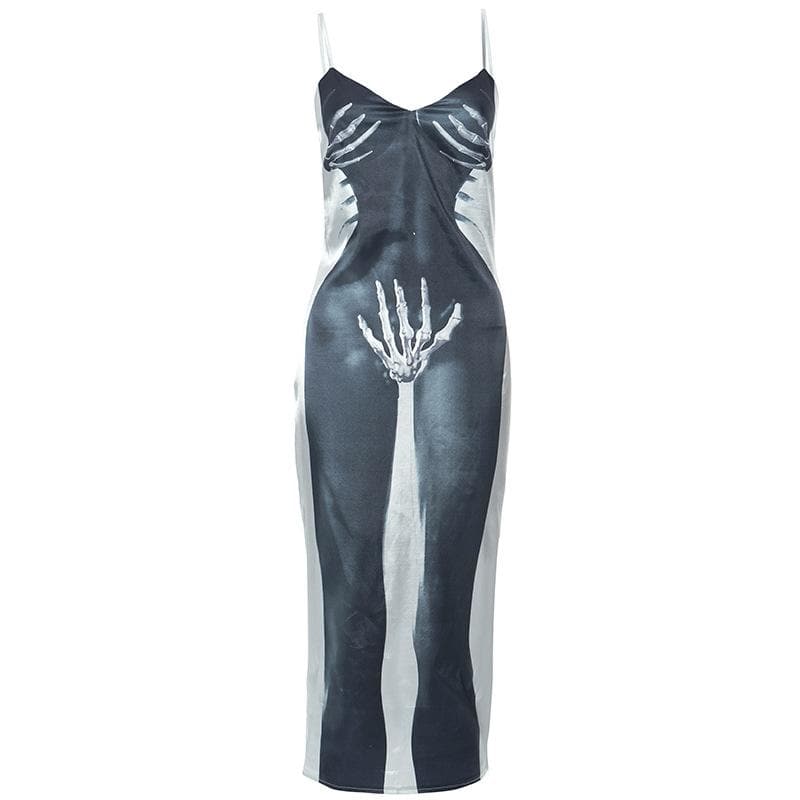 Skull Print V-Neck Zip Front Backless Cami Midi Dress