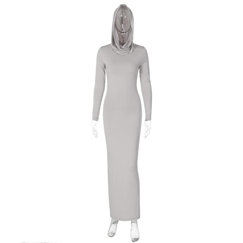Hooded Long Sleeve Cowl Neck Side Slit Bodycon Maxi Dress 4