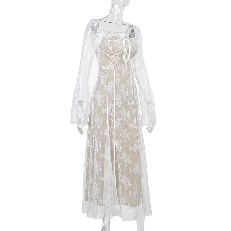 Square Neck Corset Lace Long Sleeve Bell Cuff Paneled Maxi Dress 4