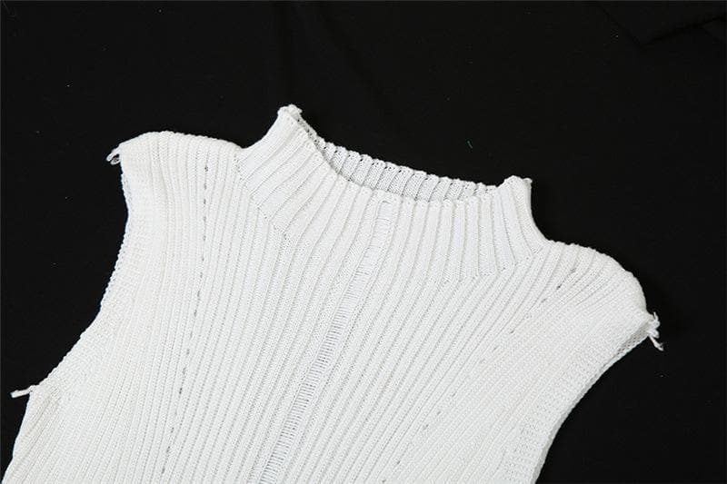 Sleeveless Mock Neck Ribbed Knit Distressed Ladder Hem Maxi Dress 6