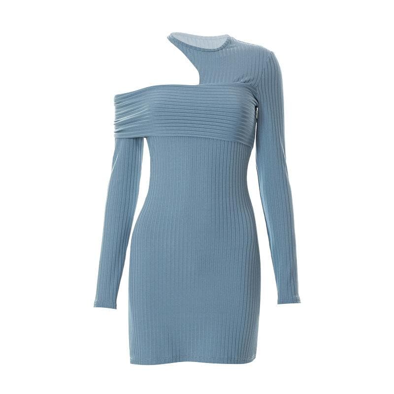 Asymmetrical Cutout Rib Knit Off Shoulder Long Sleeve Mini Dress 2