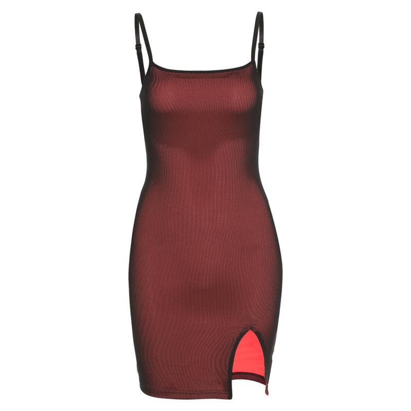 Square Neck Spaghetti Strap Ribbed Knit Side Slit Bodycon Mini Dress 2