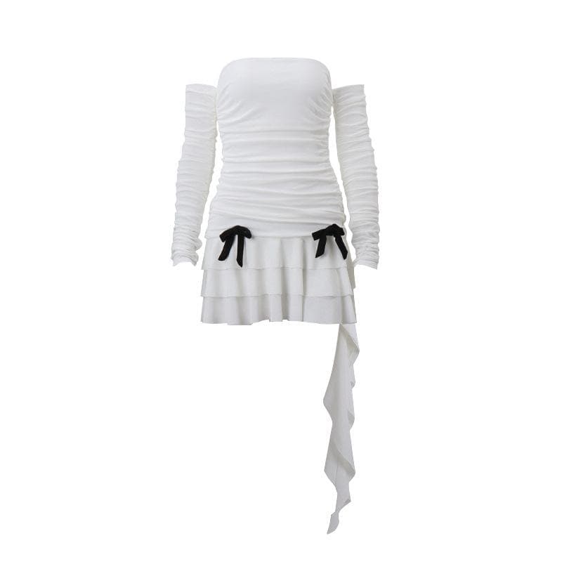 Off Shoulder Ruched Bow Tie Tiered Ruffle Cascade Hem Mini Dress