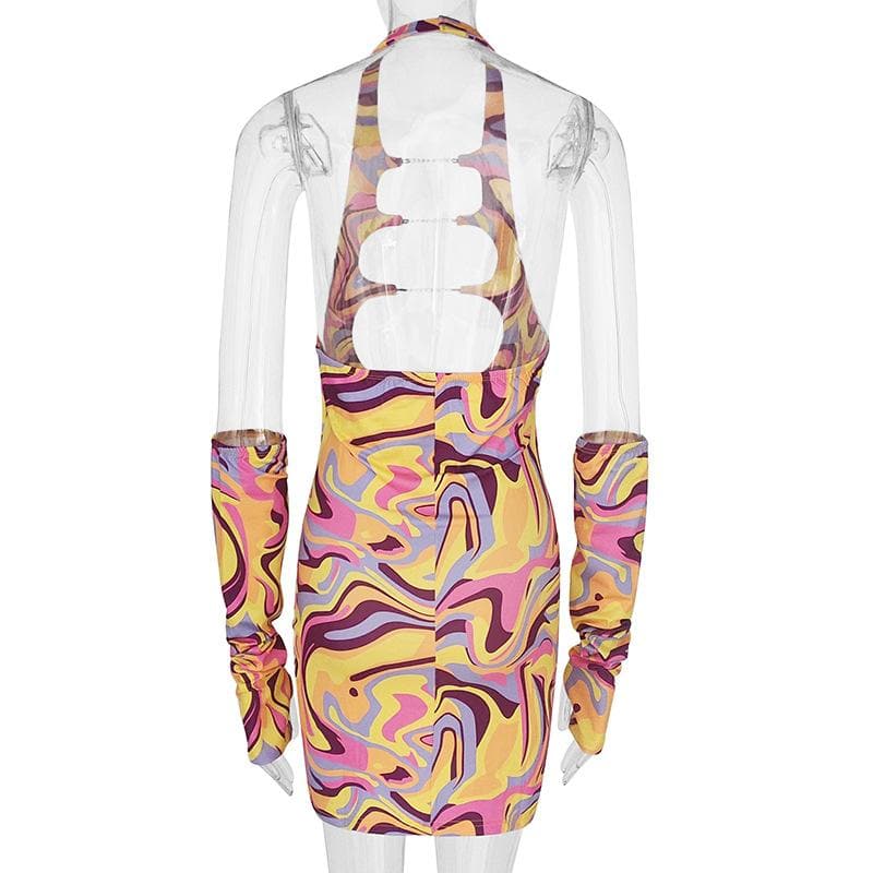 Halter Neck Triple Chest Cutout Marble Print Arm Warmer Mini Dress Set 3