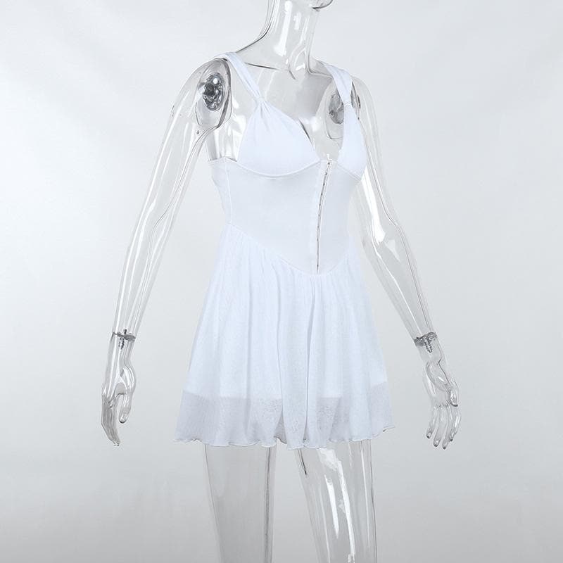 Button Patchwork Chiffon Ruffle Low Cut Mini Dress 4