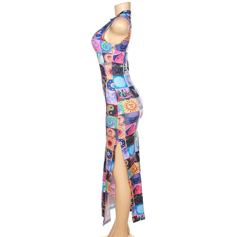 Sleeveless Mock Neck Patchwork Graphic Print Bodycon Maxi Dress 6
