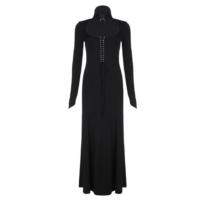 Lace-Up Front Cutout Long Sleeve Maxi Dress