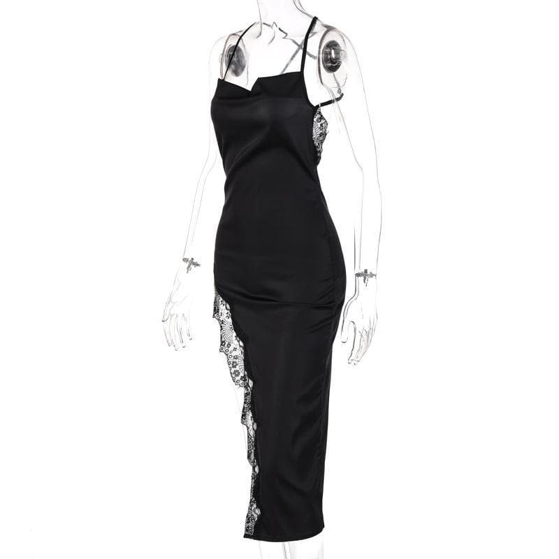 Cowl Neck Crisscross Strap Lace Trim Asymmetrical Hem Satin Midi Dress 2