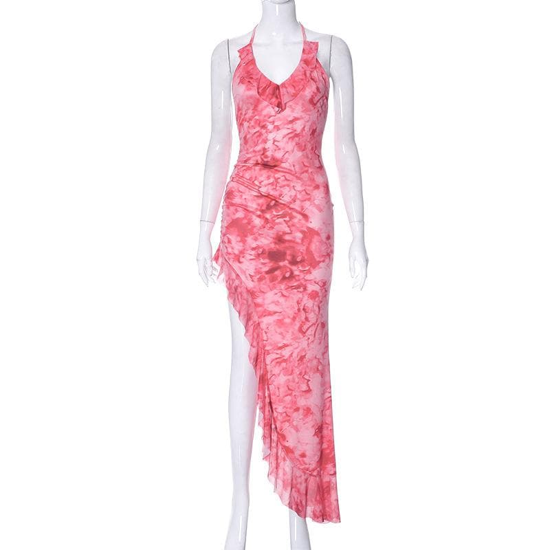 Halter Neck Ruched Watercolor Print Ruffle Trim Side Slit Maxi Dress 8
