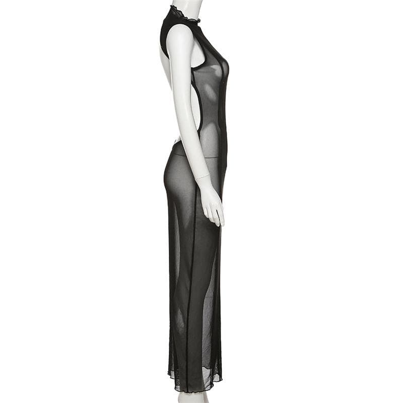 High Neck Vertical Panel Sheer Mesh Backless Maxi Dress 3