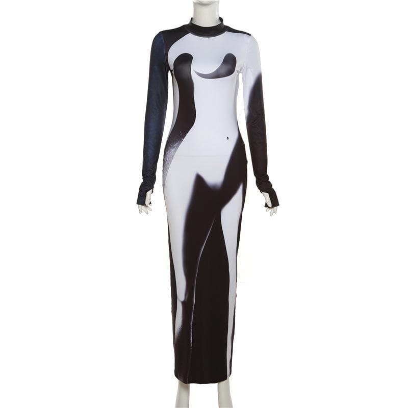 Mock Neck Long Sleeve Shadow Illusion Thumbhole Bodycon Maxi Dress 4