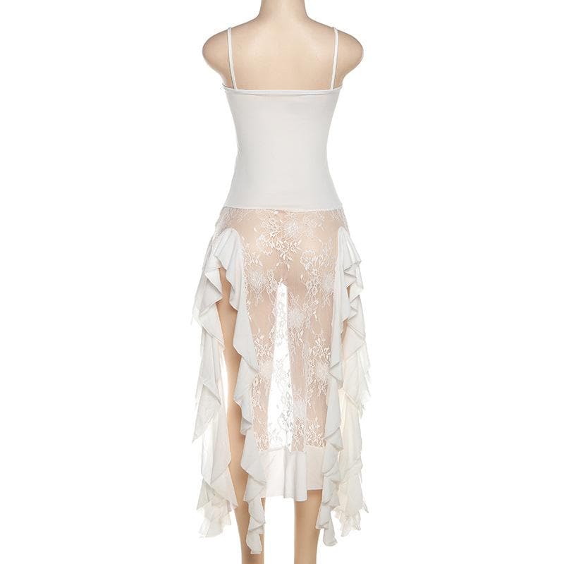 Spaghetti Strap Lace Panel Mesh High Low Ruffle Mini Dress 4