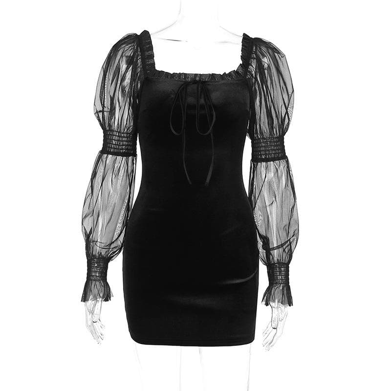 Off Shoulder Mesh Puff Sleeve Tie Front Ruffle Trim Velvet Bodycon Mini Dress 3