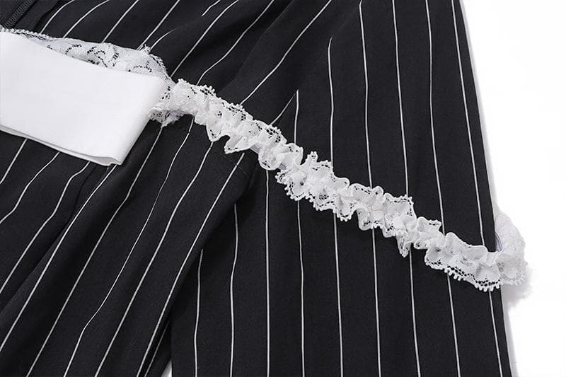 Square Neck Pinstripe Lace Trim Oversized Bow Long Sleeve Mini Dress 7
