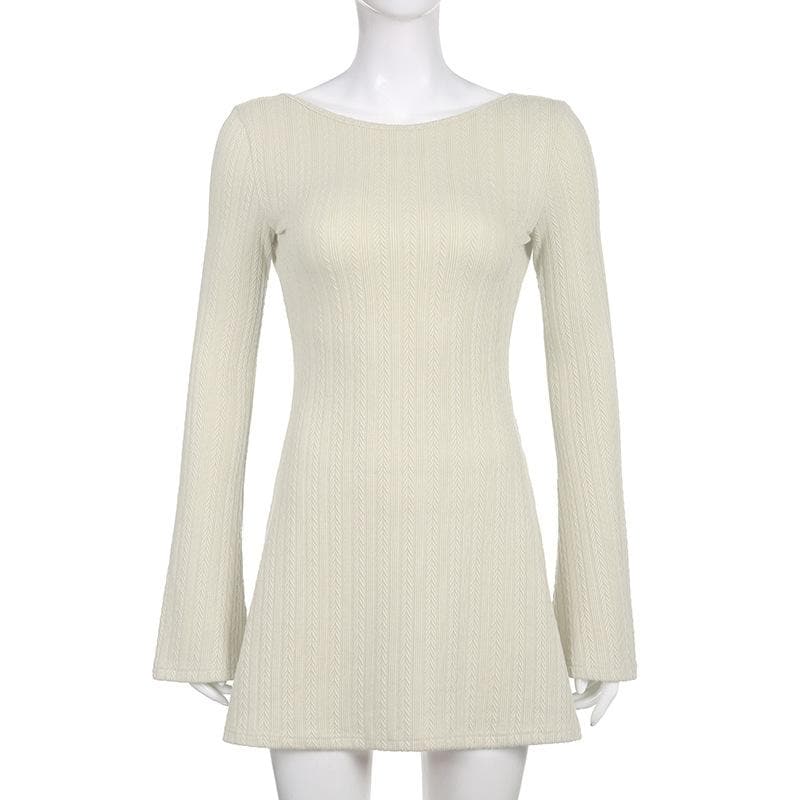Boat Neck Textured Knit Long Sleeve Bodycon Mini Dress 11