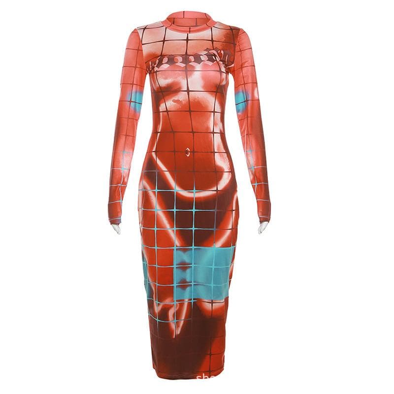 Long Sleeve Crewneck Grid Body Print Color Block Bodycon Maxi Dress 2