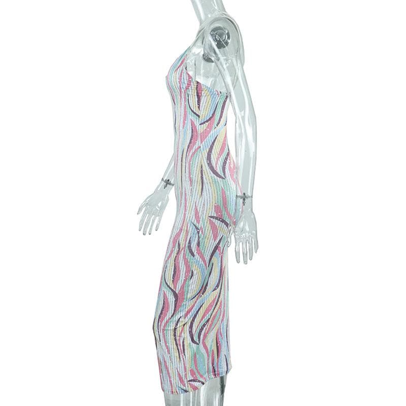 Spaghetti Strap Crossover Strap Abstract Pinstripe Print Bodycon Midi Dress 8