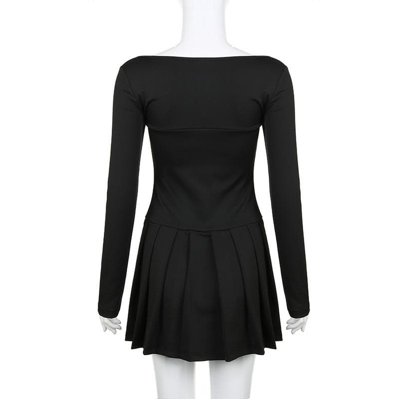 Square Neck Lace Trim Ribbon Bow Pleated Skirt Long Sleeve Mini Dress 4
