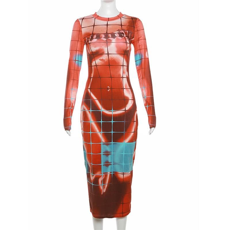 Long Sleeve Crewneck Grid Body Print Color Block Bodycon Maxi Dress 8