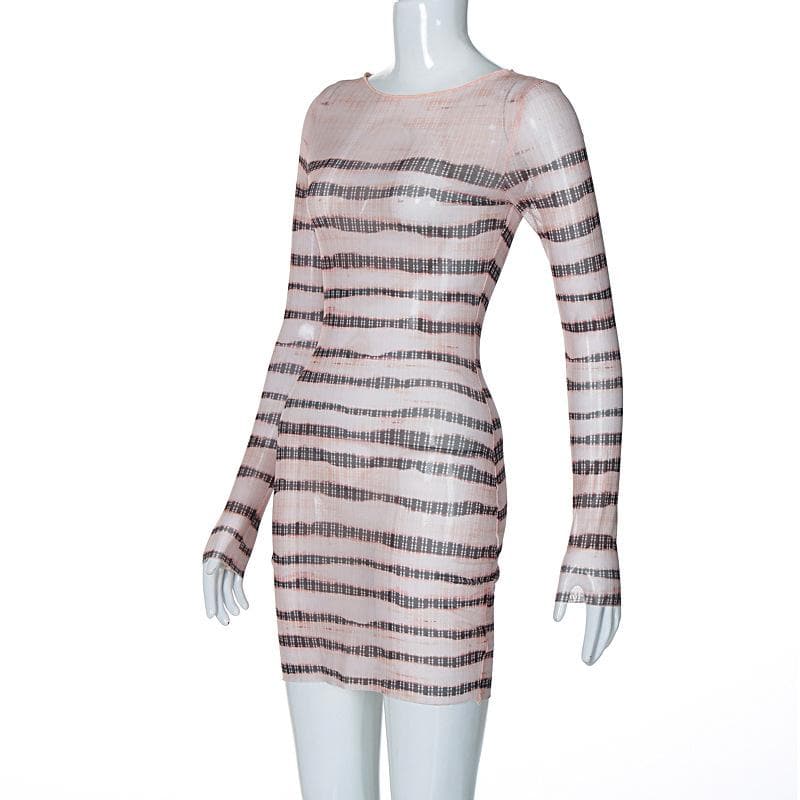 Striped Sheer Mesh Crew Neck Long Sleeve Bodycon Mini Dress 7