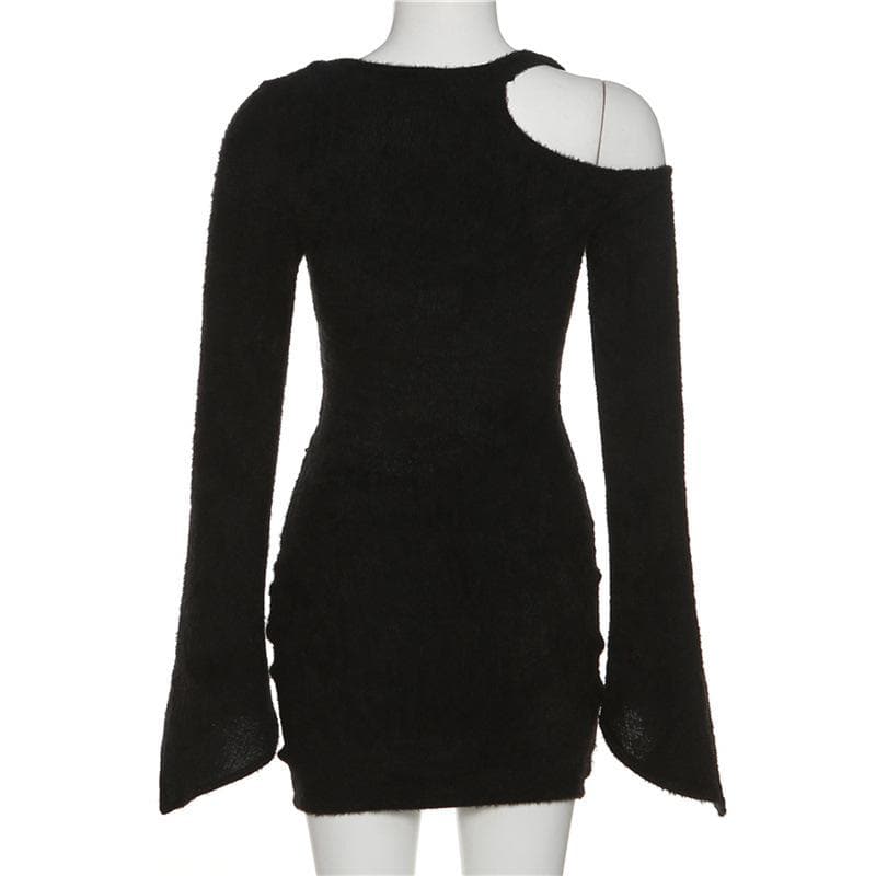 Fuzzy Cold Shoulder Corset Mesh Panel Bell Sleeve Mini Dress 3