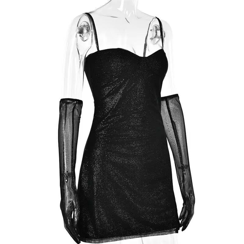 Sweetheart Neck Spaghetti Strap Glitter Side Slit Mesh Glove Mini Dress 4