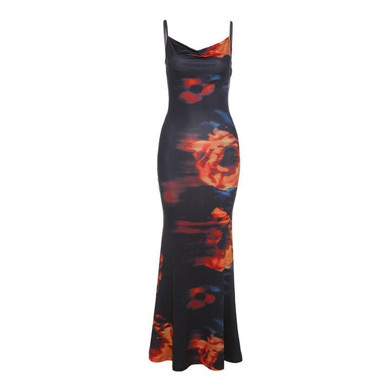 Cowl Neck Motion Blur Abstract Print Spaghetti Strap Bodycon Maxi Dress 9