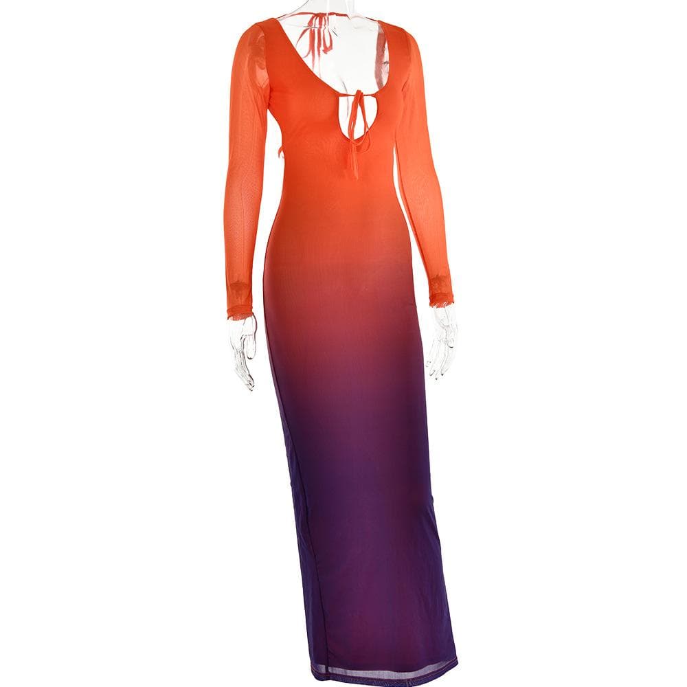 Ombre Mesh Long Sleeve Keyhole Tie Back Slit Maxi Dress 4