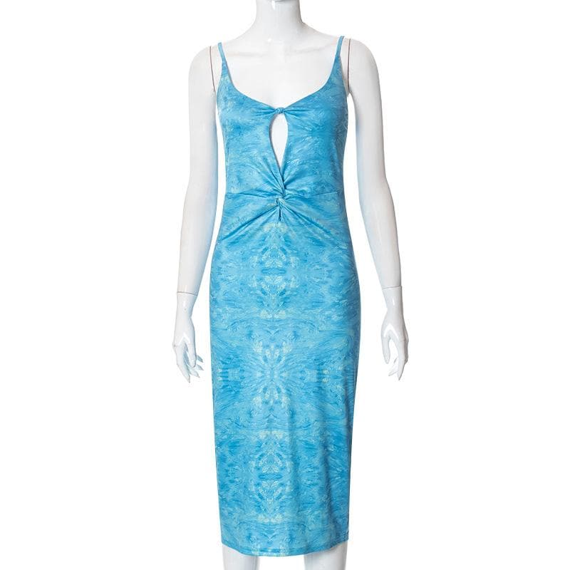 Deep V-Neck Keyhole Twist Front Marble Print Satin Maxi Dress 3