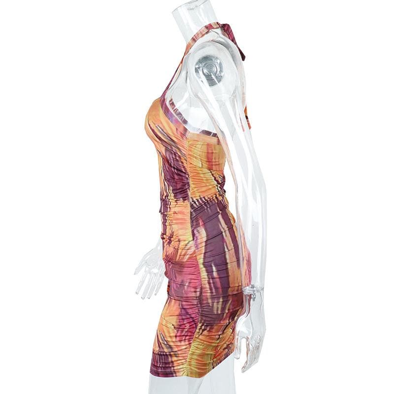 Abstract Marble Print Halter Ruched Bodycon Mini Dress 3