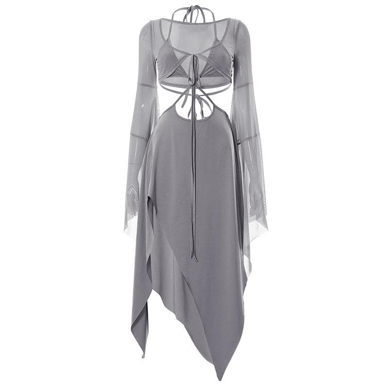 Halter Keyhole Self Tie Bell Sleeve Shrug Cutout Side Slit Handkerchief Hem Midi Dress 3