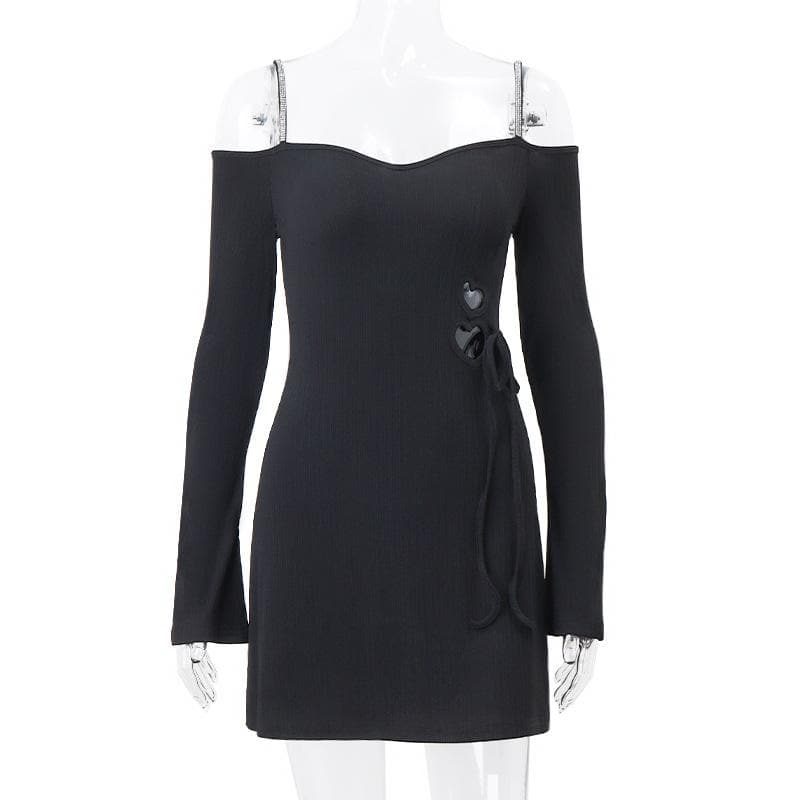 Ribbed Knit Off Shoulder Heart Cutout Lace Up Long Sleeve Mini Dress 8