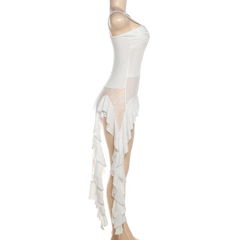 Spaghetti Strap Lace Panel Mesh High Low Ruffle Mini Dress 3
