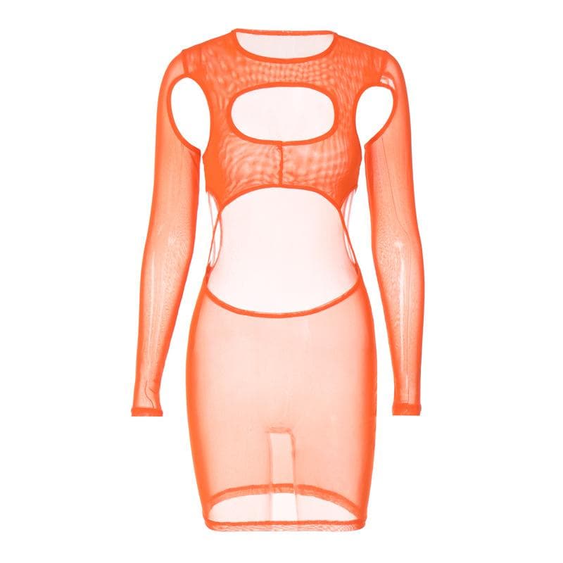 Hollow Out Sheer Mesh High Neck Long Sleeve Cutout Mini Dress 3