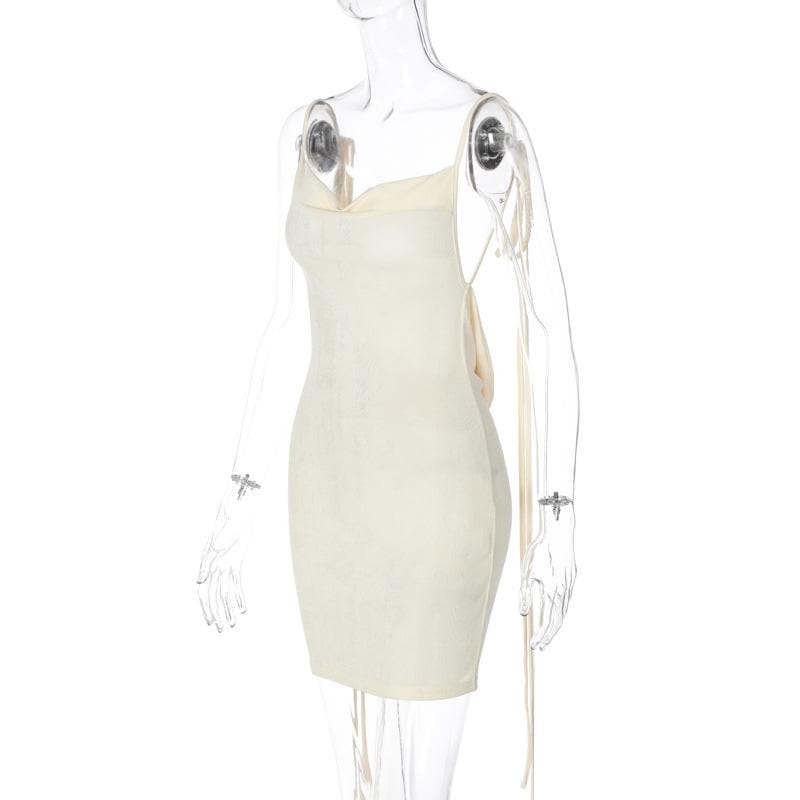 Cowl Neck Velvet Ribbon Tie Shoulder Bodycon Mini Dress 5